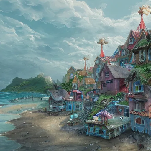 Image similar to a seaside village, fantasy style, trending on artstation