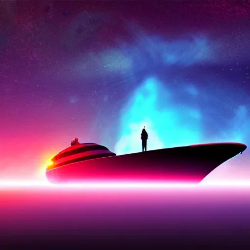 Image similar to couple staying on the edge of the earth and looking spaceship leaving the planet, huge ship bigger than planet, symmetry composition, crashed dimensions, backward camera, wide epic angle, flying objects, night neon colors, unreal engine, high detailed W 1280