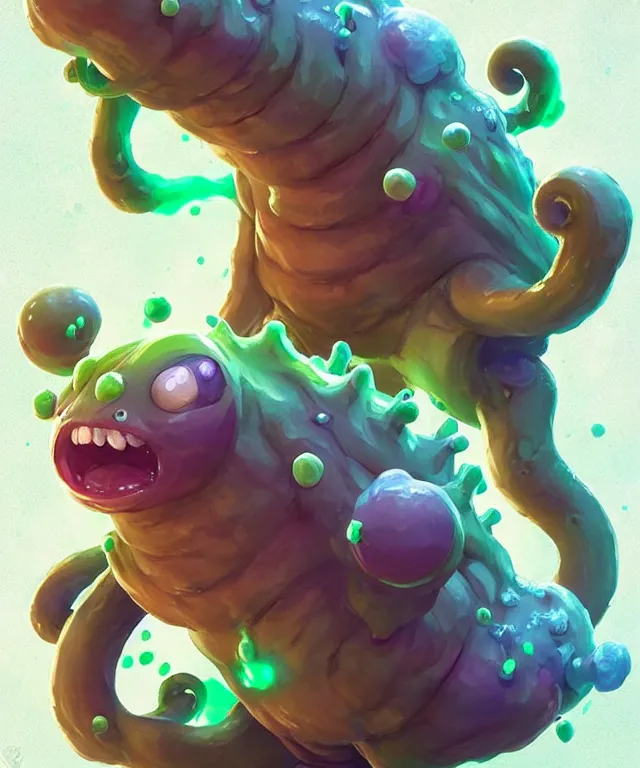 Image similar to an ooze slime creature in a pokemon artstyle, adorable and whimsical, fantasy, elegant, crisp 8 k line work, rim light, digital painting, artstation, unreal engine, octane render, concept art, matte, sharp focus, illustration, art by james jean and justin gerard and josan gonzalez