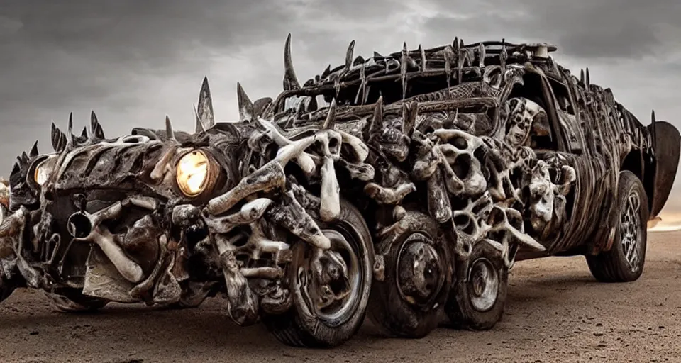 Image similar to mad max cars made out of bones, horns and shells, cinematic lighting,