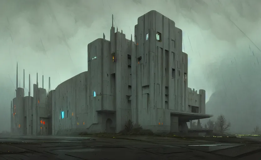 Prompt: painting of a wide angle exterior shot of a white concerete brutalist architecture stronghold modern castle with rainy and moody cinematic lighting by darek zabrocki and greg ruthkowski, alphonse mucha, simon stalenhag and cinematic and blue cold atmospheric, archillect concept art, artstation, trending on artstation