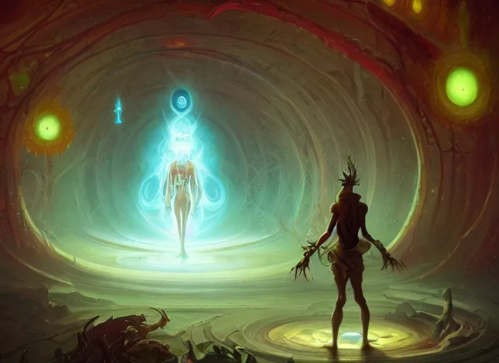 Prompt: an eldritch demigod looking into the astral portal in the great halls of the cosmos in the style of peter mohrbacher and alex grey, human, trending on artstation, unreal engine, ultra hd