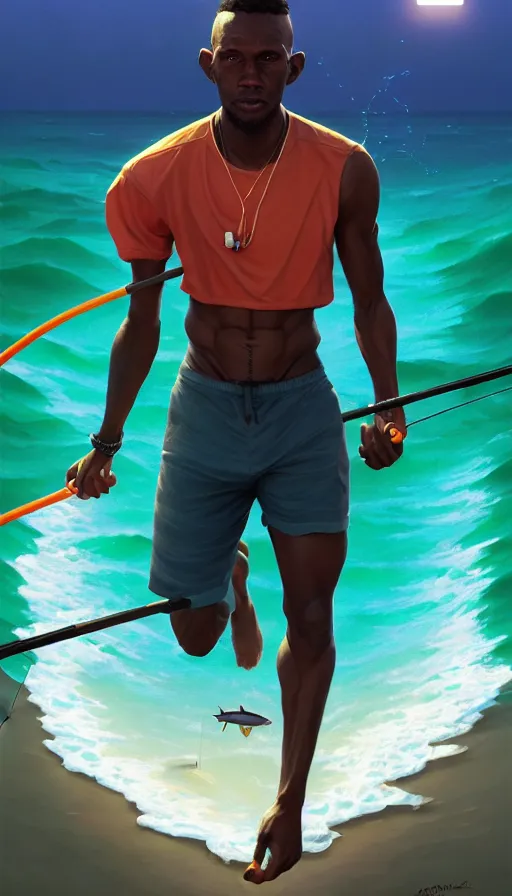 Prompt: highly detailed portrait of one athletic modern jamaican man, fishing, magical glowing fishing rod, ocean background, symmetry, unreal engine, fantasy art by greg rutkowski, loish, rhads, makoto shinkai and lois van baarle, ilya kuvshinov, rossdraws, tom bagshaw, global illumination, radiant light, detailed and intricate environment