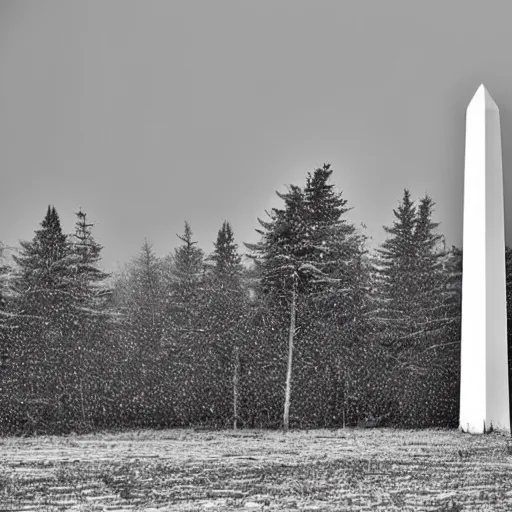 Prompt: a large, white obelisk floating above the ground in a taiga. snowing, grainy, overcast sky,