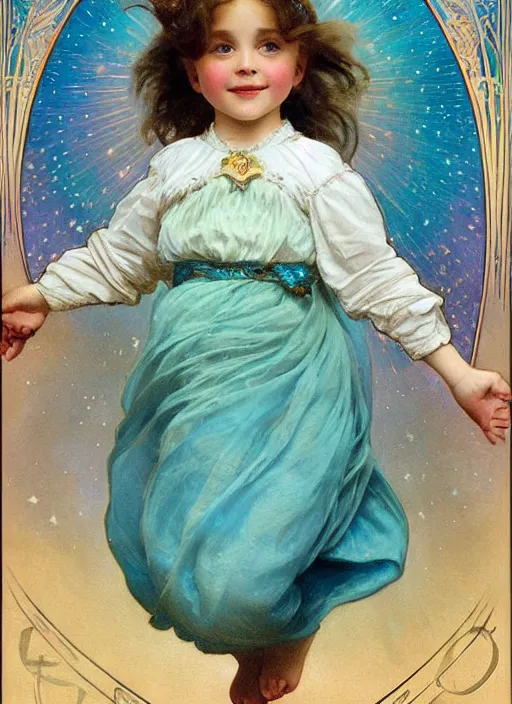 Image similar to a cute little girl with a round cherubic face, blue eyes, and short wavy light brown hair smiles as she floats in space with stars all around her. she is wearing a turquoise dress. beautiful painting with highly detailed face by alphonse mucha and artgerm and greg rutkowski