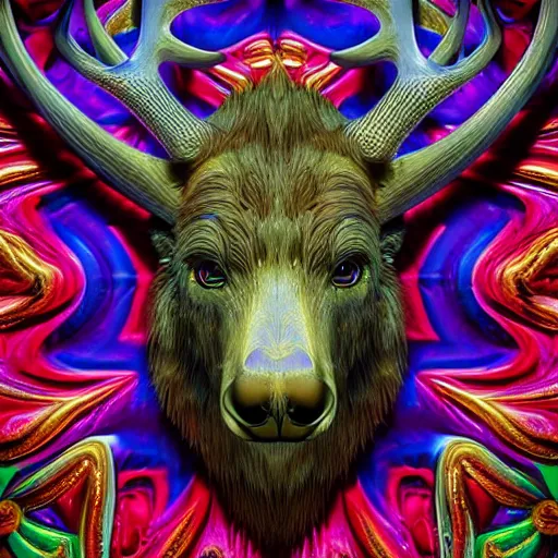 Image similar to photorealistic celtic antlered bear. hyperdetailed photorealism, 1 0 8 megapixels, amazing depth, glowing rich colors, powerful imagery, psychedelic overtones, 3 d finalrender, 3 d shading, cinematic lighting, artstation concept art