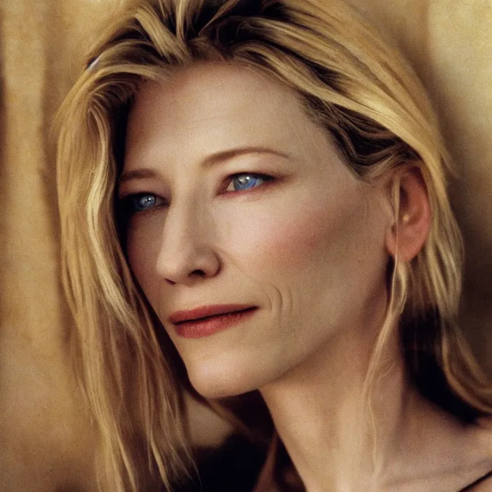 Prompt: very detailed and textured photo portrait of cate blanchett in 1999, by Steve McCurry, cinestill 800t 18mm 4k