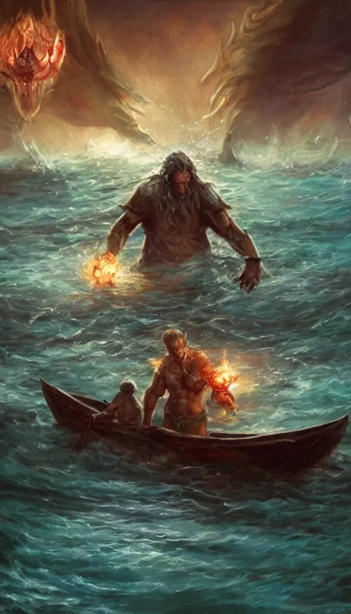 Prompt: man on boat crossing a body of water in hell with creatures in the water, sea of souls, from magic the gathering