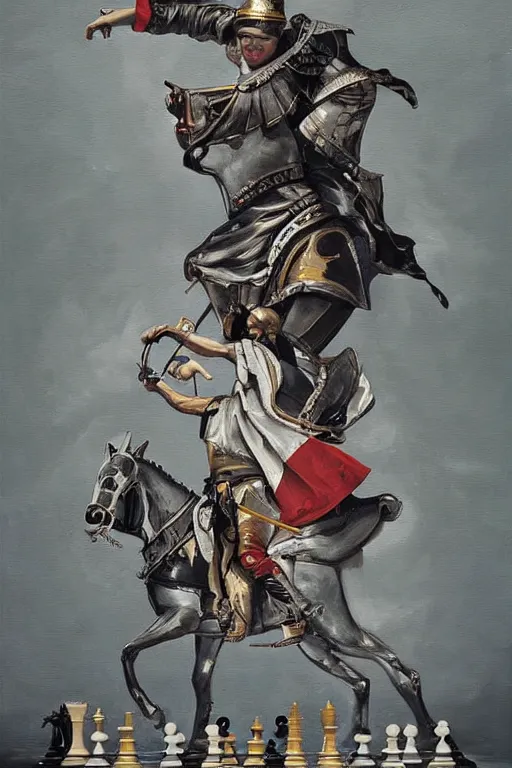 Image similar to a painting of magnus carlsen on a chess knight as king of chess, a surrealist painting by james jean, trending on cgsociety, pop surrealism, androgynous, grotesque, angular