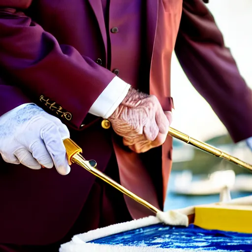 Image similar to wrinkled hunchbacked old man in musty burgundy suit, polishing painting the side of a huge gold plated mega yacht with a cloth, maintenance photo