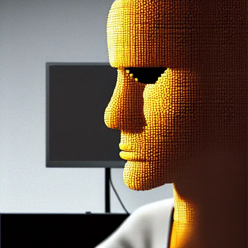 Image similar to Programmer made of corn staring at a computer monitor, face illuminated, hyperrealistic, artstation, 8k, concept art, very detailed, hd, digital painting, shadows, dimly lit, dramatic lighting