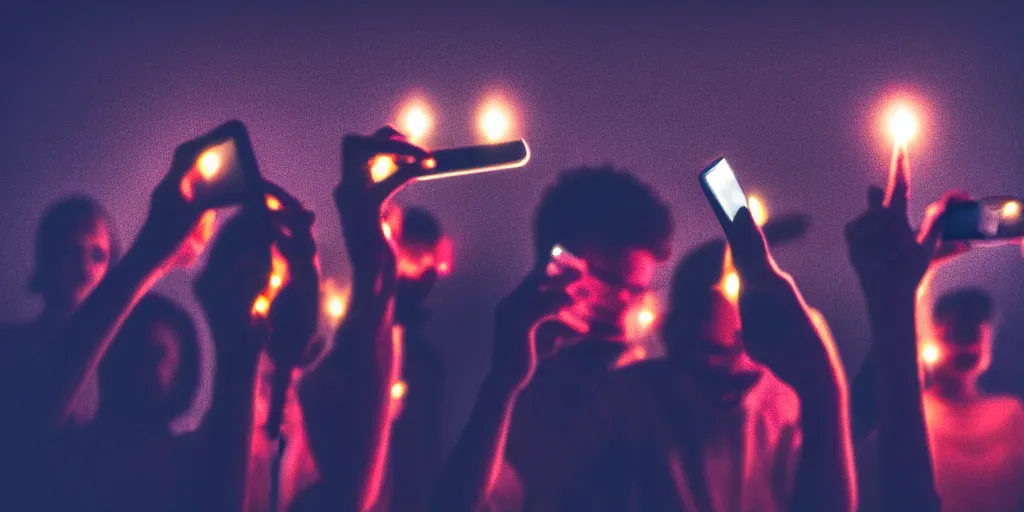 Prompt: group of people in a dark room, illuminated by the screen of their smartphones. social game, home setting, dark environment, different colors, picture taken with smartphone camera, iphone camera, 4K, highly detailed, vibrant colors