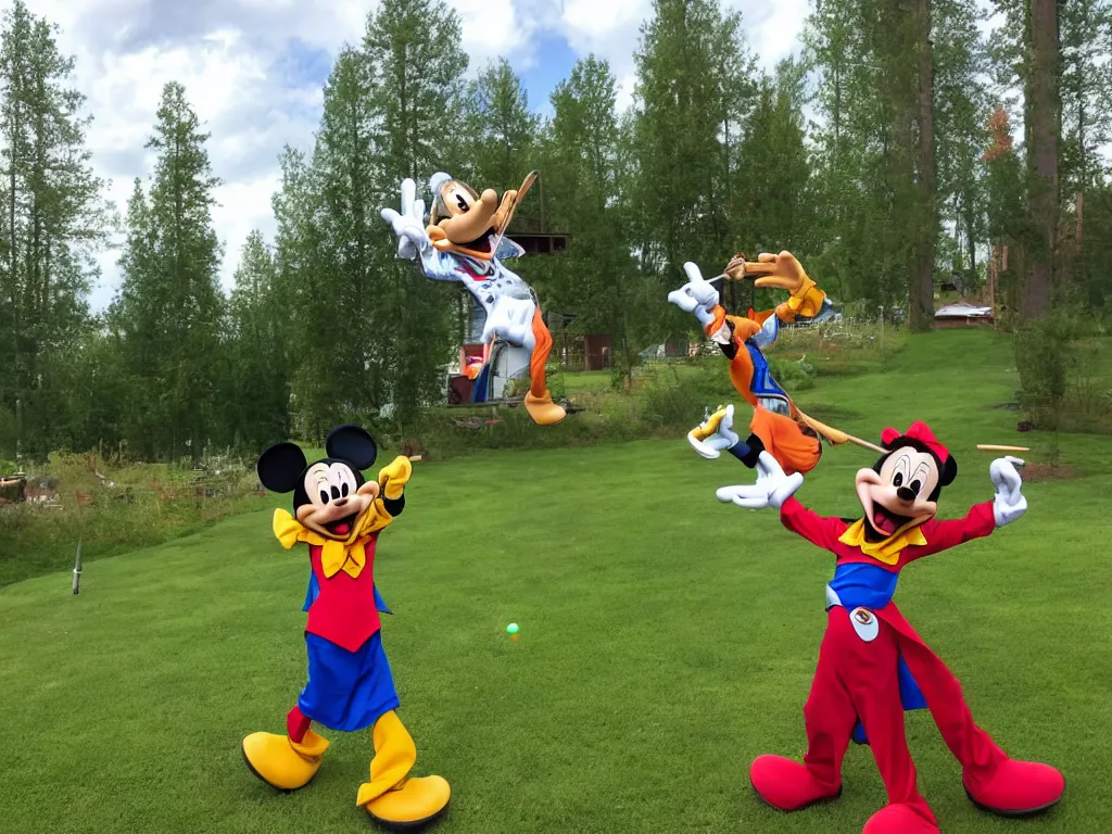 Image similar to disney's goofy playing darts in front yard of finnish summer cabin