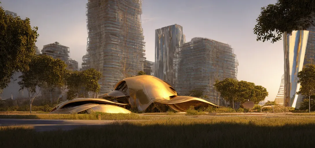 Prompt: abandoned futuristic shinny golden building designed by alien civilization, surrounded by overgrown vegetation exuberant jungle, summer day at evening dusk, shinny golden roads by frank gehry and calatrava, glowing reflections, octane render redshift unreal engine, rule of thirds, movie poster