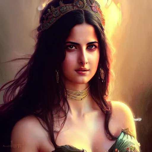 Image similar to beautiful young katrina kaif, closeup, d & d, fantasy, intricate, elegant, highly detailed, digital painting, artstation, concept art, matte, sharp focus, illustration, art by artgerm and greg rutkowski and alphonse mucha