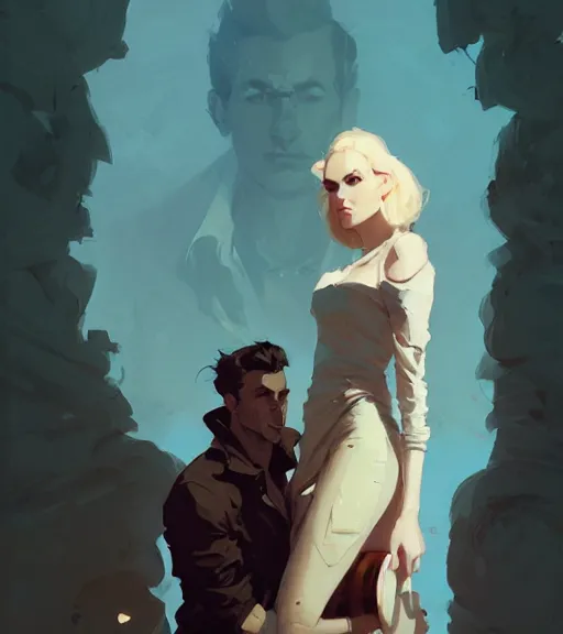 Image similar to portrait of cullen with a beautiful woman he loves by atey ghailan, by greg rutkowski, by greg tocchini, by james gilleard, by joe fenton, by kaethe butcher, dynamic lighting, gradient light blue, brown, blonde cream and white color scheme, grunge aesthetic