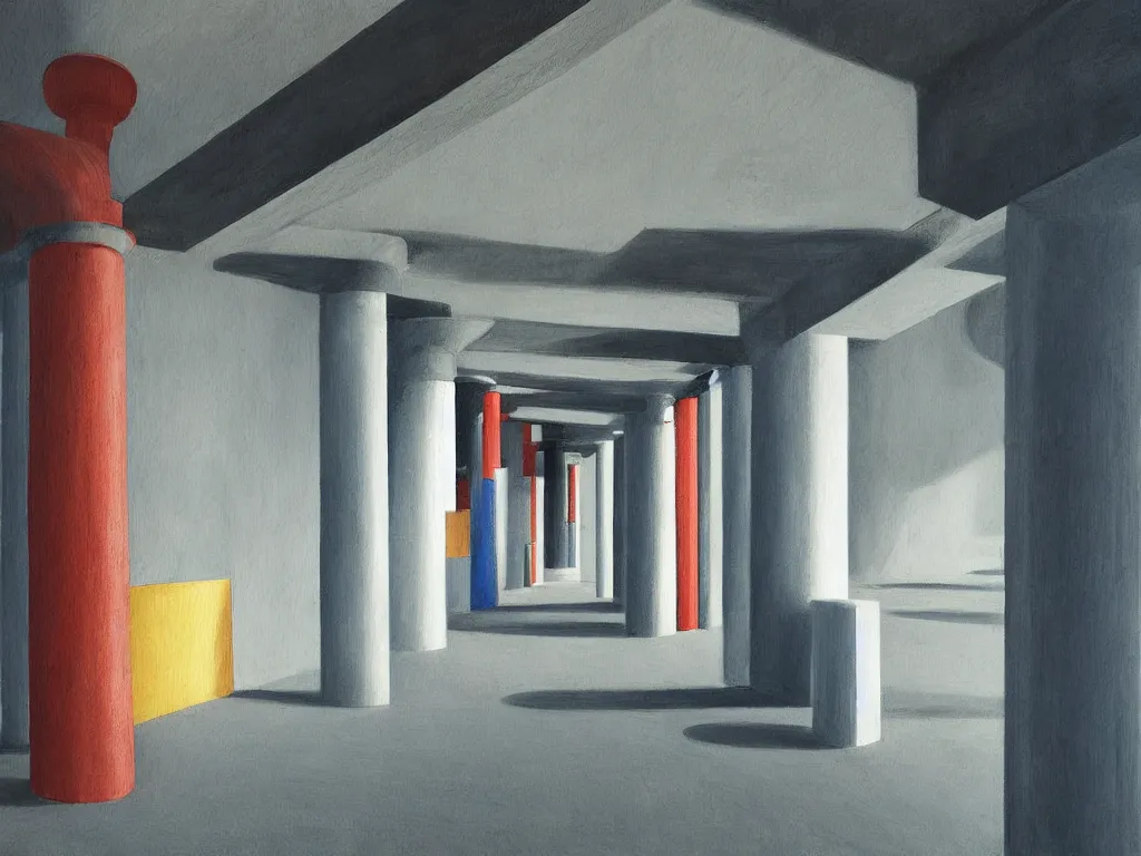 Image similar to colorful minimalist industrial interior hallway with monolithic pillars in the style of ridley scott and stanley kubrick, impossible architecture, ultra view angle view, lone person in the distance, realistic detailed painting by edward hopper