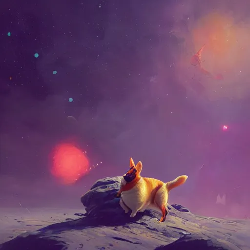 Prompt: corgi in outer space amongst the stars, extremely beautiful and detailed digital painting by simon stalenhag, greg rutkowski, ruan jia, trending on artstation