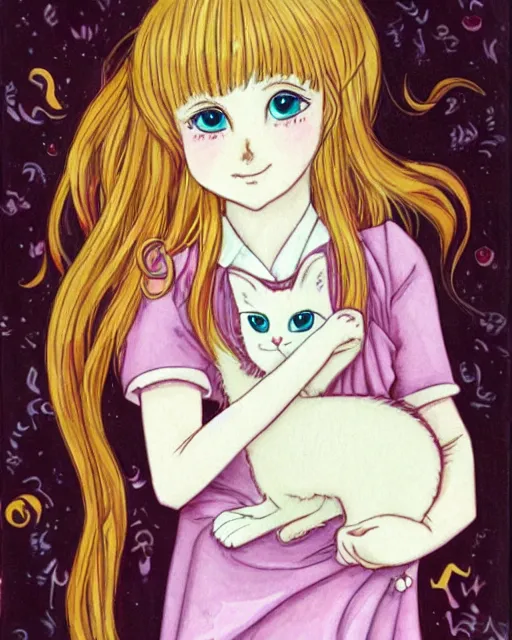 Image similar to a portrait of a young woman with very long pink hair undulating on the wind, light brown eyes, slightly chubby, pale skin, pretty, cute, holding a white cat. by naoko takeuchi