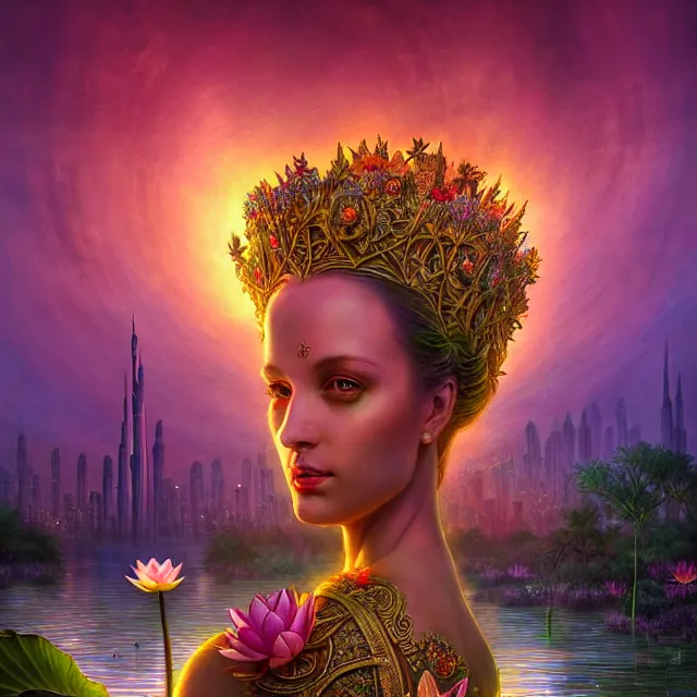 Prompt: Beautiful 3d render of the flower queen goddess near a pond full of lotus, atmospheric lighting, painted, intricate, volumetric lighting, beautiful, rich deep colours masterpiece, sharp focus, ultra detailed, in the art style of Dan Mumford and marc simonetti, with a clear crowded futuristic cyberpunk dubai city in the background, astrophotography