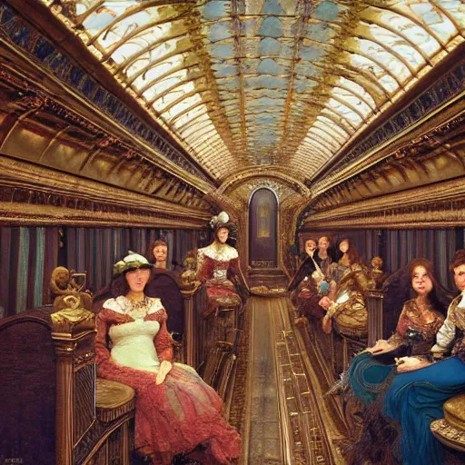 Image similar to clear detailed painting of the inside of the ornate underwater train to atlantis, various weird and wonderful characters sat down, by william powell frith and and frederic leighton, ultra wide angle, 4 k