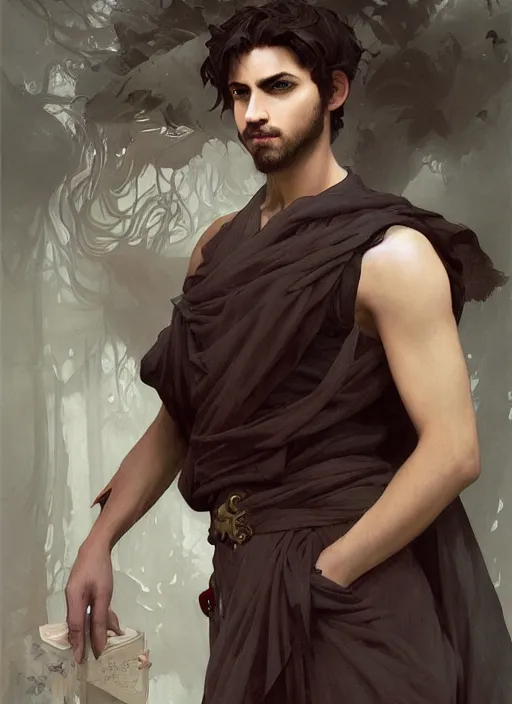 Image similar to character concept portrait of an attractive young seductive Spanish wizard with pale red skin enchanting a arousal spell, a floating iridescent spell book in the center, intricate, elegant, digital painting, concept art, smooth, sharp focus, illustration, from Metal Gear, by Ruan Jia and Mandy Jurgens and William-Adolphe Bouguereau, Artgerm