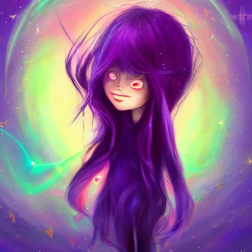 Prompt: Woman demon with long hair looks at the sky .Cosmic hair with constellation. Big eyes, small nose, smile. scales on cheeks. Night light. Oil LiveSuperdetailation, 4k, wow, artstation trending. paint strokes.