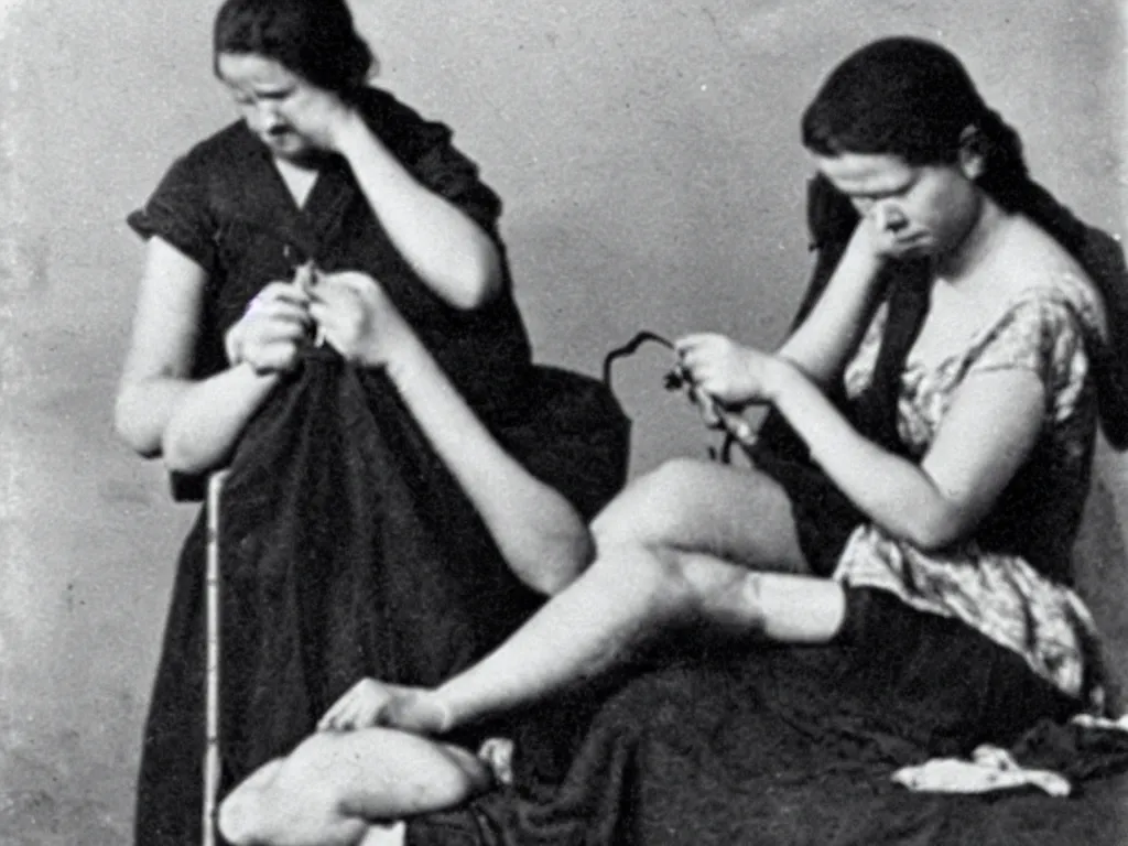 Prompt: a photograph of a woman sewing her feet to her ears