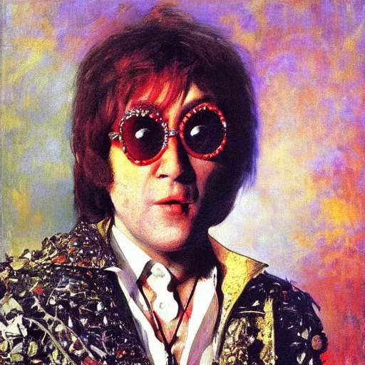 Image similar to portrait of ultra crazy elton john lennon in 1 9 7 0 by ilya repin