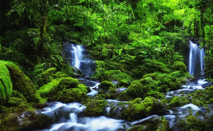 Prompt: beautiful rainforest environment with a waterfall flowing in the background, realistic, 8 k resolution. trending on artstation. photography.