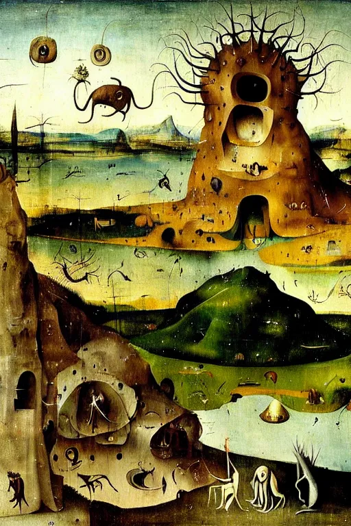 Prompt: a beautiful landscape with weird creatures by hieronymus bosch and dali