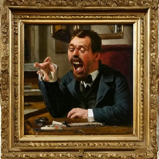 Image similar to an angry man yells at his computer monitor, oil on canvas, 1 8 8 3, highly detailed