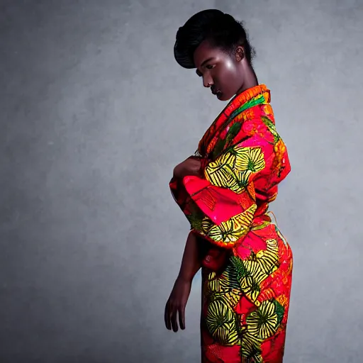 Prompt: beautiful young african - asian model, wearing a kimono with african print. zeiss 1 5 0 mm f 2. 8 hasselblad