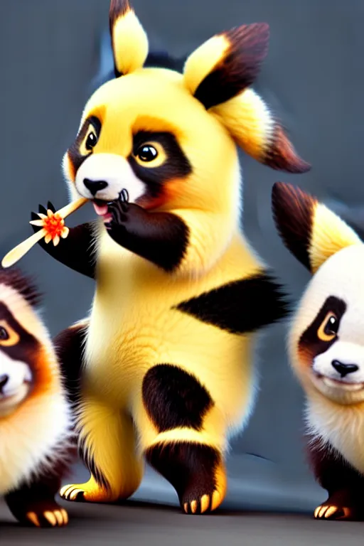 Image similar to high quality 3 d render hyperrealist very cute happy panda & fox hybrid eating ice cream, vray smooth, in the style of detective pikachu, very dramatic light, low angle, uhd 8 k, shallow depth or field