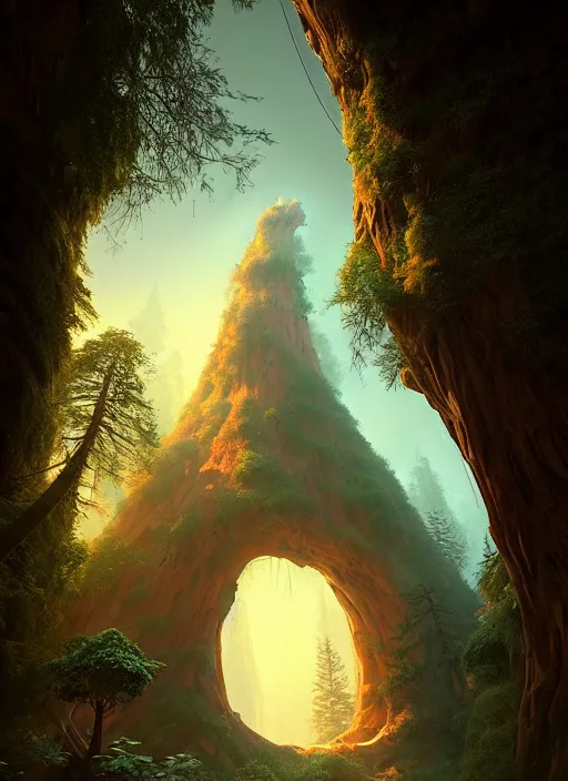 Image similar to random mystic sequoia forest giant house close - up fabulous portal, incredible, vector art, octane render, fabulous, hyper detailed, random cinematic view, no noise, global illumination, warm lighting, volumetric, godrays, vivid, beautiful, by jordan grimmer