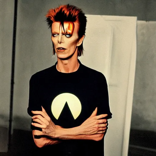 Prompt: david bowie wearing a clearly visible dao yinyang shirt, scene in space