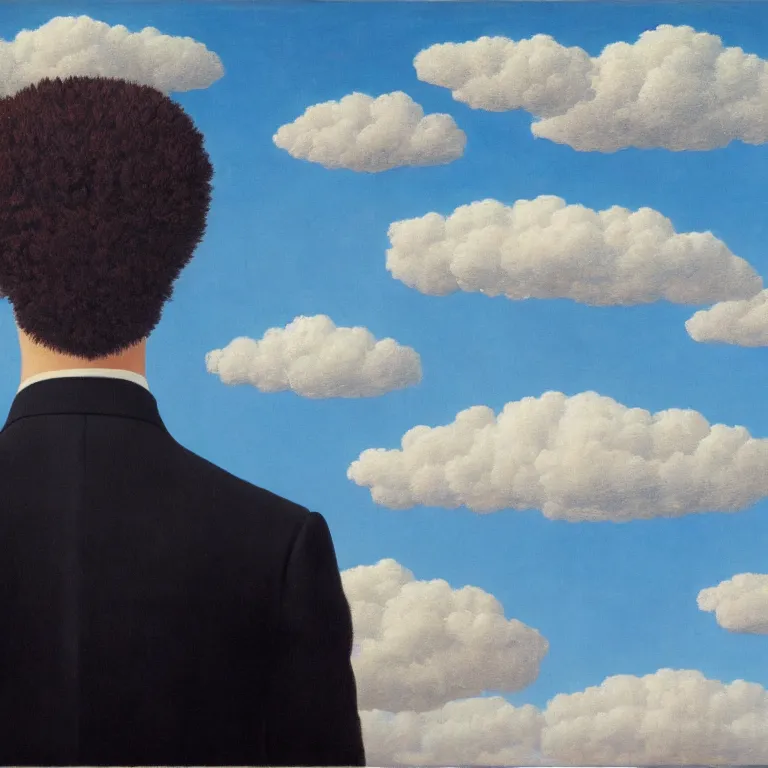 Image similar to portrait of a faceless beautiful flower - head man in a suit, clouds in the background, by rene magritte, detailed painting, distance, middle centered, hd, hq, high resolution, high detail, 4 k, 8 k