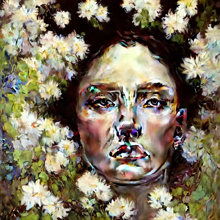 Image similar to hyperrealist wonderful face portrait of a queen with a clear skin, her dress is decorated with white flowers on the head that fall like vines and wears. by jeremy mann and alphonse mucha, fantasy art, photo realistic, dynamic lighting, artstation, poster, volumetric lighting, very detailed faces, 8 k, award winning