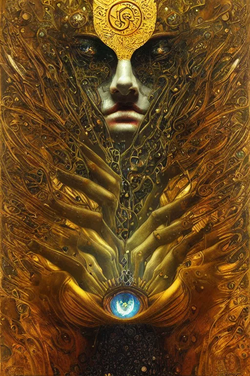 Image similar to Machinery of Fate by Karol Bak, Jean Deville, Gustav Klimt, and Vincent Van Gogh, otherworldly, fractal structures, ornate gilded medieval icon, third eye, spirals