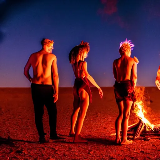 Prompt: photograph of three ravers, two men, one women, photographed from behind, talking around a fire, photorealistic, dancefloor kismet, diverse costumes, clean composition, desert transition area, bonfire, night, australian desert, xf iq 4, symmetry, sony a 7 r, 1 5 0 mp, 5 0 mm