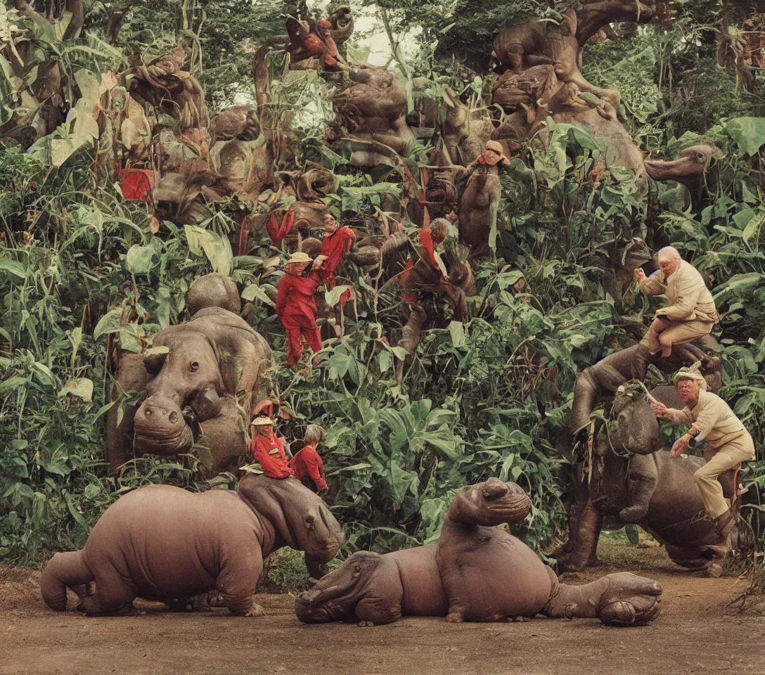 Image similar to a 3 5 mm photography, kodachrome colour, of grandpa with michelin man costume riding a hippo with strange creatures and alien plants inspired by bosch but in the real life, photos taken by martin parr