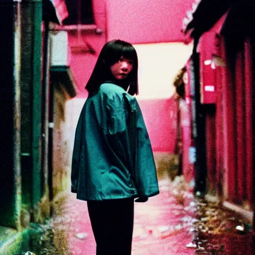 Image similar to 1990s perfect 8K HD professional cinematic photo of close-up japanese schoolgirl posing in alleyway with neon signs, at evening during rain, at instagram, Behance, Adobe Lightroom, with instagram filters, depth of field, taken with polaroid kodak portra