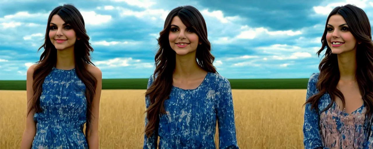 Image similar to film still of victoria justice, kansas landscape and sky, intricate, beautiful, serene, majestic, detailed, ultra, mega, super, visable sounds waves