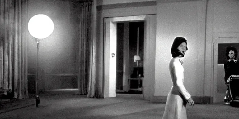 Image similar to photorealistic wide shot cinematography of a beautiful woman acting in a twilight zone episode about a skeleton horse with glowing red eyes shot on film at magic hour with the sun shining into a large 6 0's hotel lobby room filled with volumetric haze by the shining cinematographer john alcott on a cooke panchro 1 8 mm lens.