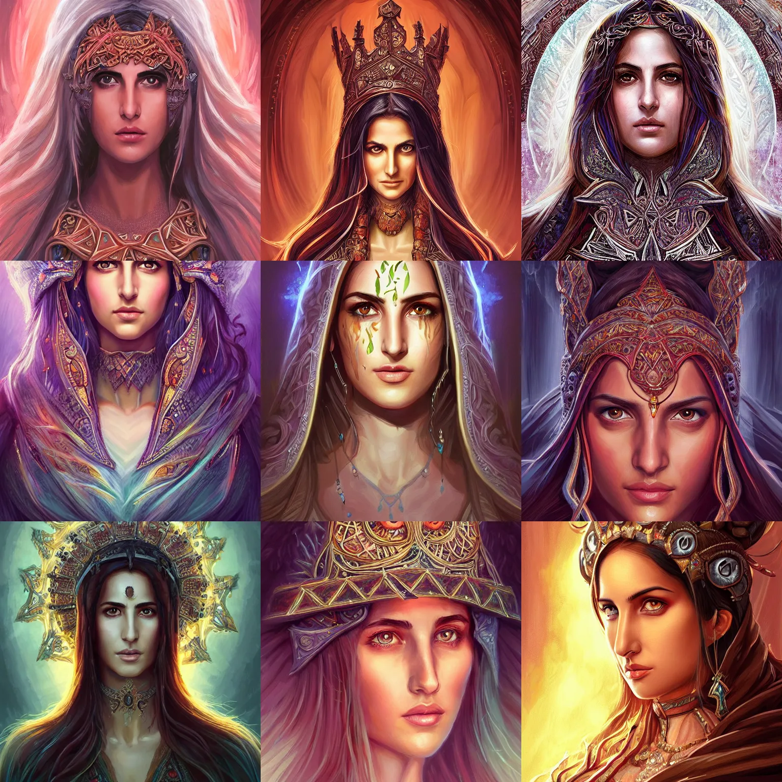 Prompt: head-on centered symmetrical painted portrait, Katrina Kaif as a D&D wizard, intricate fantasy robes, fantasy, intricate, elegant, highly detailed, digital painting, smooth, sharp focus, illustration, dramatic lighting, artstation, in the style of Artgerm and Anna Podedworna and Alex Ross