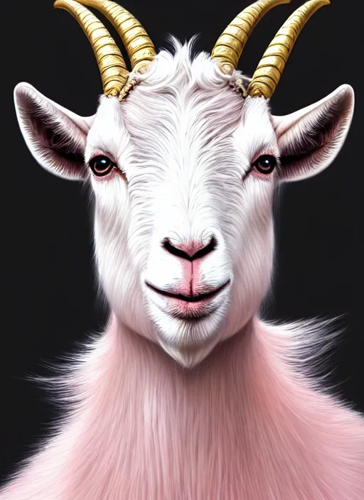 Image similar to dreamlike luxury stunning goat portrait, pale pink and gold, art by artgerm, wlop, loish, ilya kuvshinov, 8 k realistic, hyperdetailed, beautiful lighting, detailed background, depth of field, symmetrical face, frostbite 3 engine, cryengine,