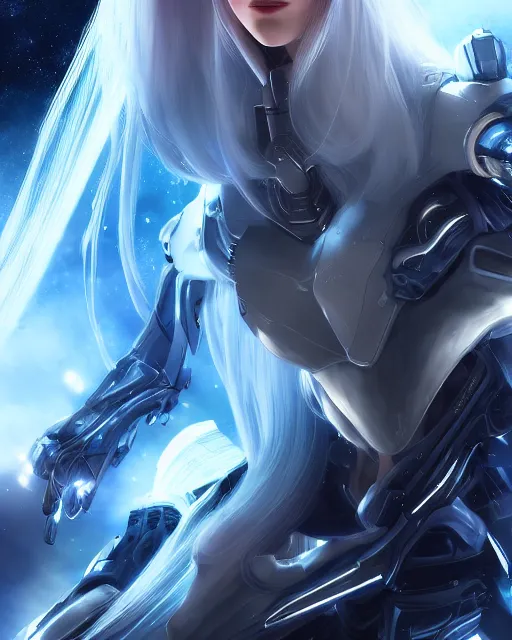 Image similar to perfect android girl on a mothership, warframe armor, beautiful face, scifi, futuristic, galaxy, nebula, raytracing, dreamy, long white hair, blue cyborg eyes, sharp focus, cinematic lighting, highly detailed, artstation, divine, by gauthier leblanc, kazuya takahashi, huifeng huang