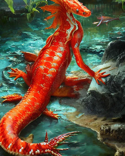 Image similar to game character beautiful pond dragon half fish half salamander, wet amphibious skin, red salamander, axolotl creature, koi pond, korean village by Ruan Jia and Gil Elvgren, fullbody