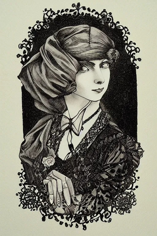 Prompt: female victorian scholar, black ink on paper, trending on artstation, beautiful, intricate, detailed