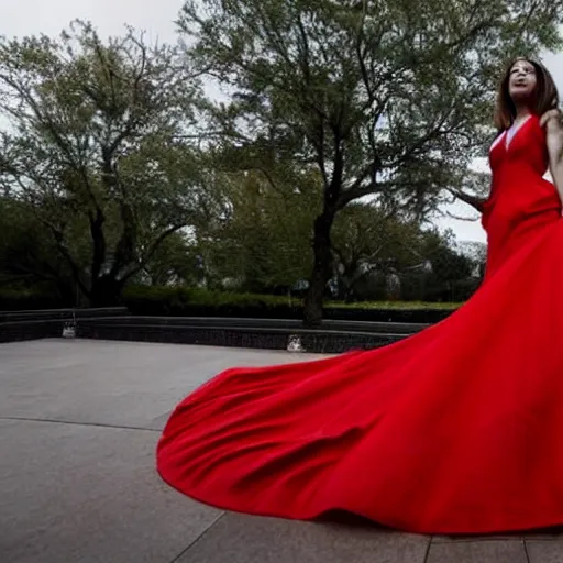 Prompt: a woman in a red dress posing for a picture, a marble sculpture by Edna Mann, dribble, superflat, associated press photo, wide lens, elegant